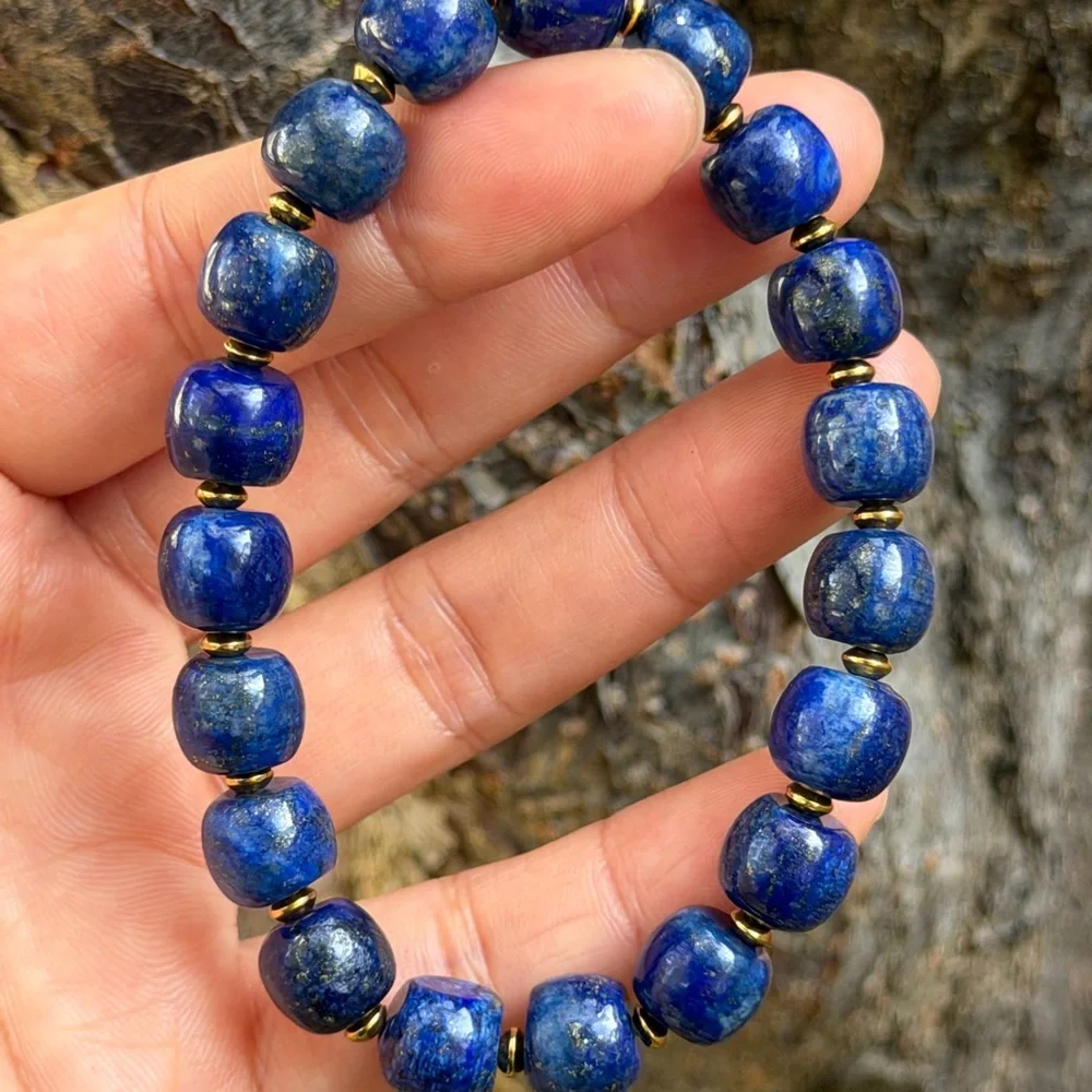 10mm stretchable stainless steel‎ blue lapis barrel shape bracelet 0808